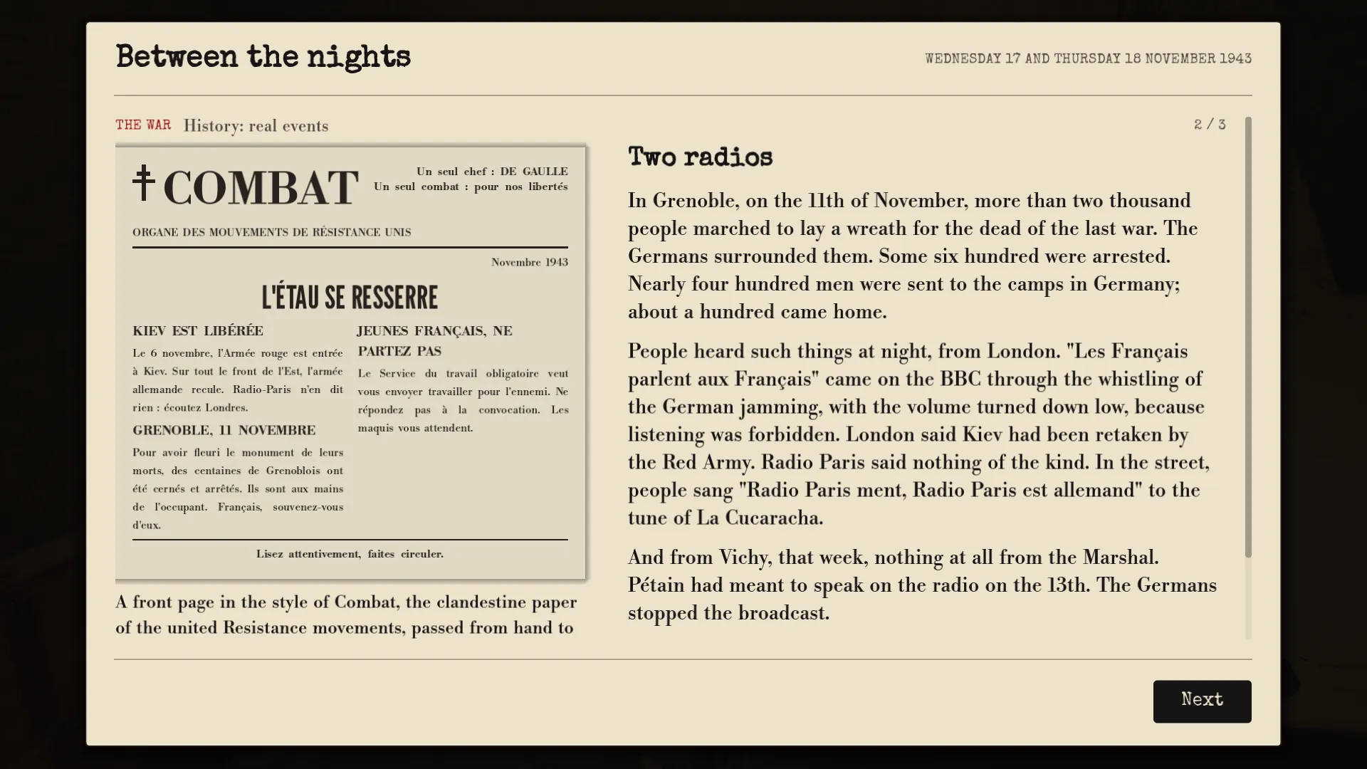 Une page d’histoire entre les nuits, à côté d’une une dans le style du journal clandestin Combat.