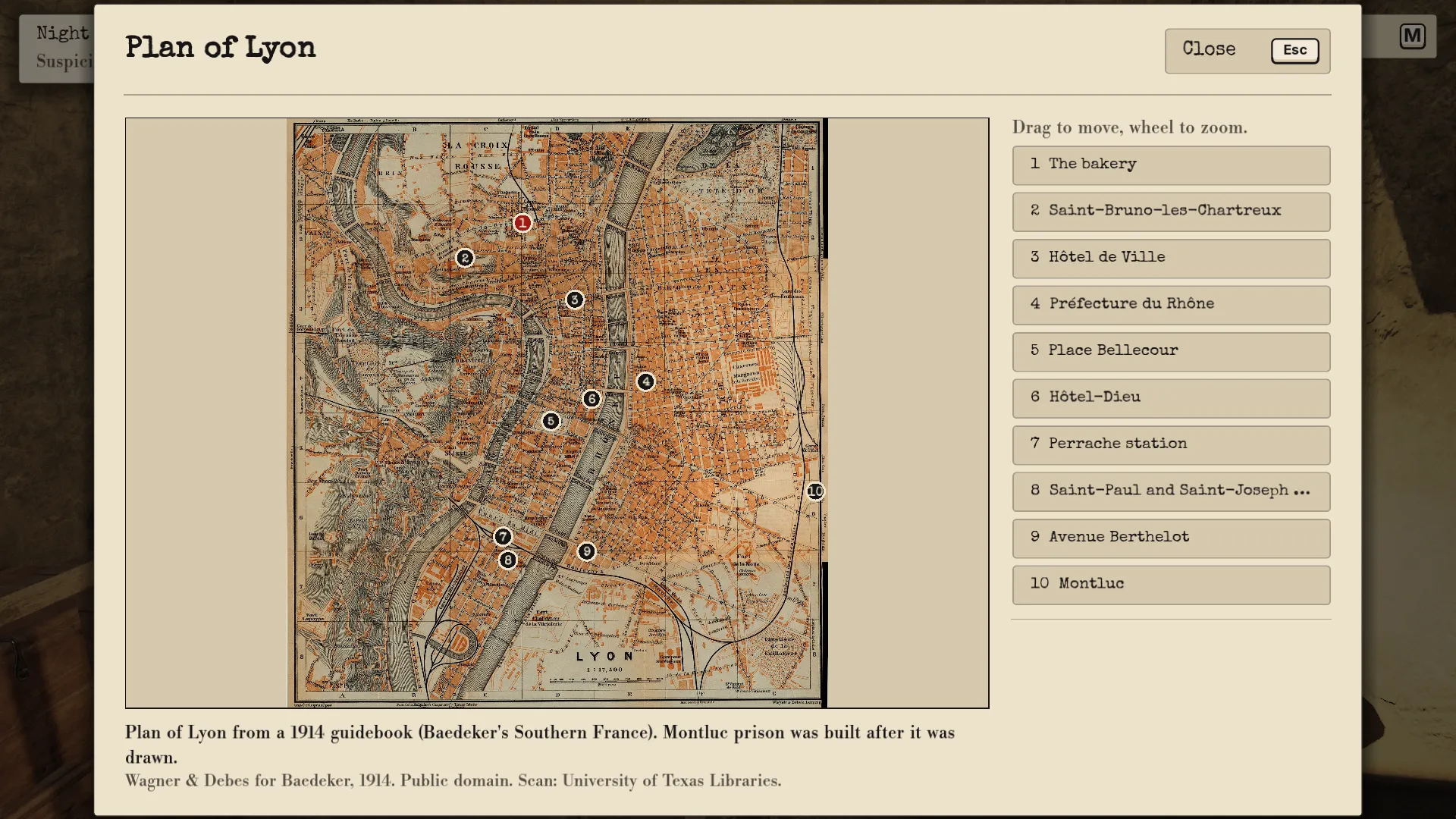 Le plan de Lyon, une carte de guide de 1914 où sont épinglés la boulangerie, l’avenue Berthelot, Montluc et d’autres lieux.
