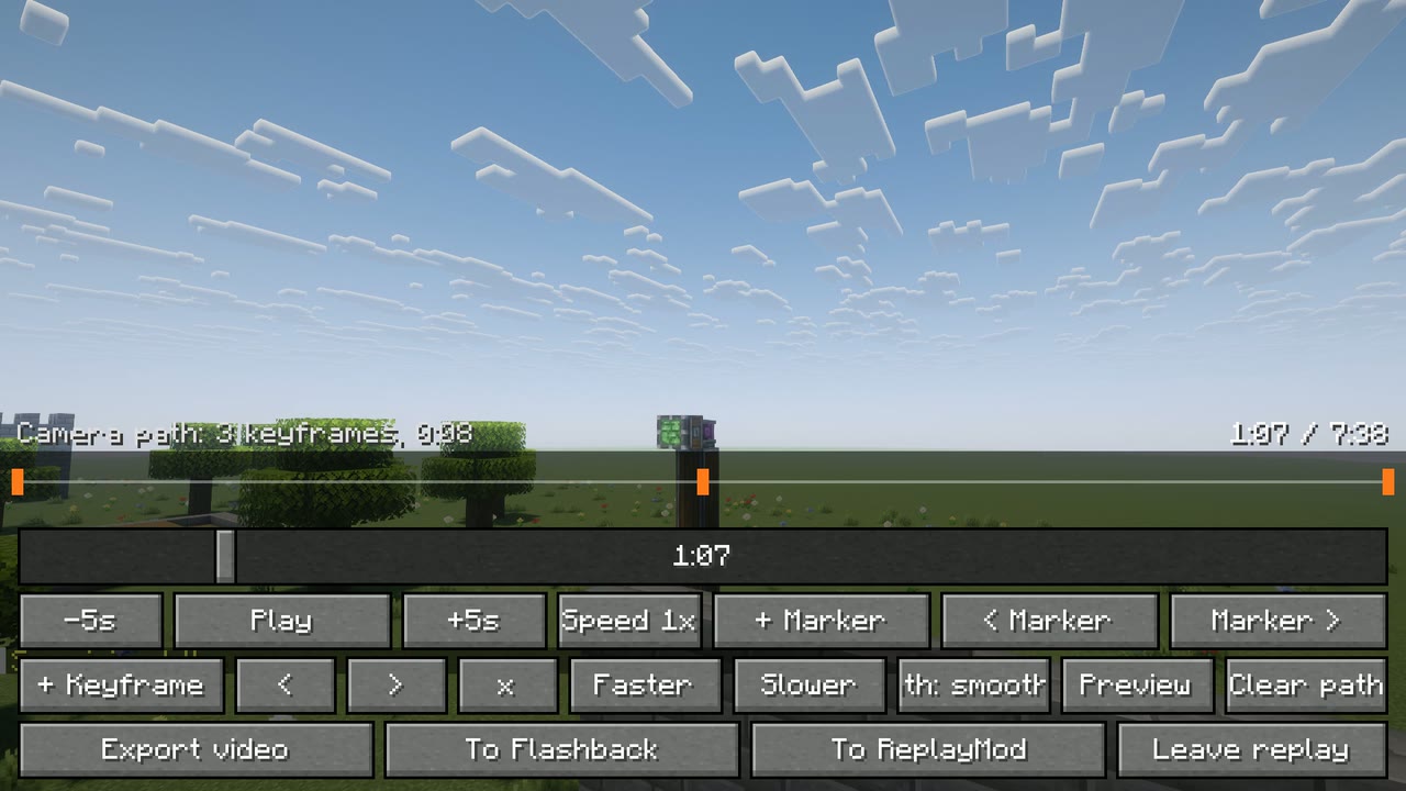 The replay editor with a three-keyframe camera path.