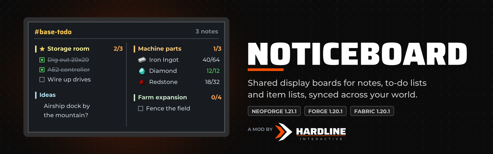 Noticeboard: shared display boards for notes, to-do lists and item lists. A mod by Hardline Interactive.